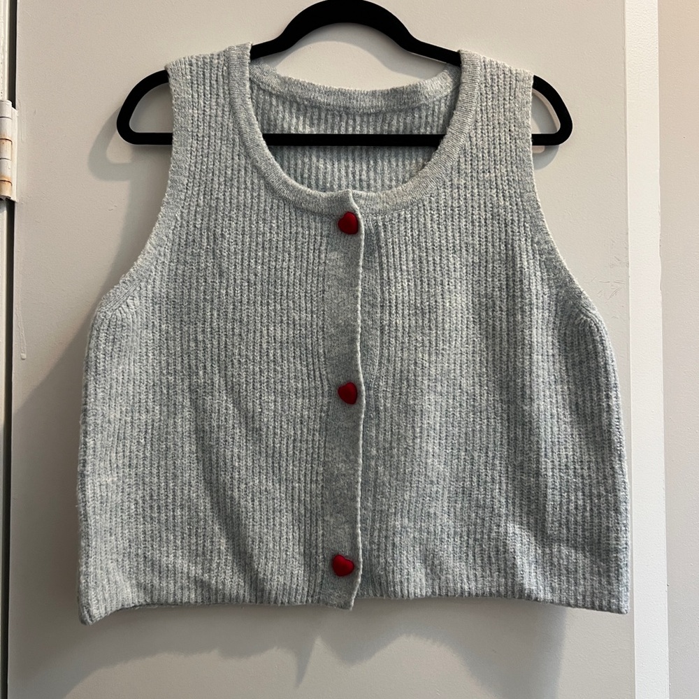 Gray Knit Vest with Red Heart Buttons